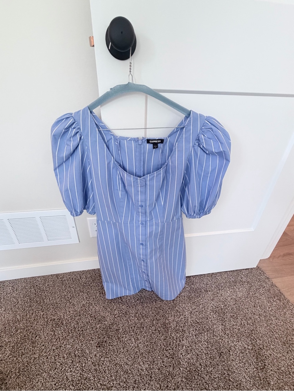 Express Light Blue White-Striped Puff Sleeve Button Down Top
